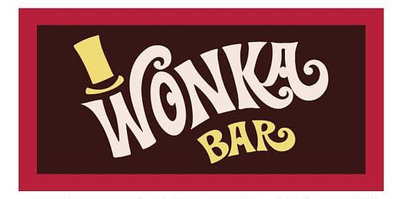 Wonka Bar logo with cream lettering on a dark brown background with a red border. Features a top hat.