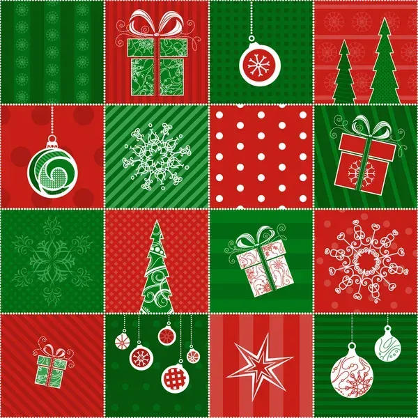 Christmas-themed patchwork with red and green squares, featuring gifts, ornaments, snowflakes, and trees.