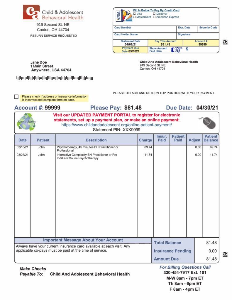 Medical bill from Child & Adolescent Behavioral Health. Includes charges, balance due, and patient information.