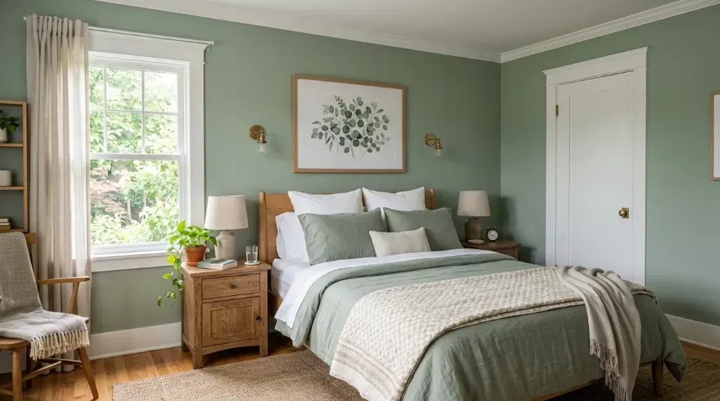 A calm bedroom painted in a soft sage green with white trim