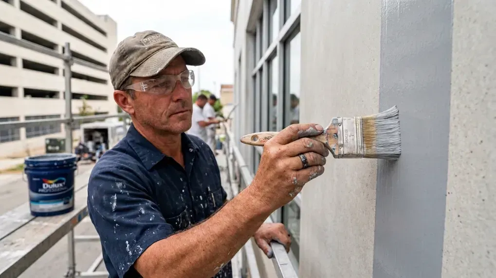 A close-up of a professional painter applying a smooth finish to a commercial exterior wall