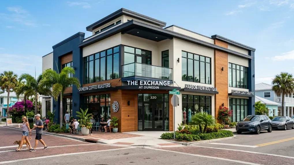 A commercial building in Dunedin, FL with a freshly painted, modern exterior.