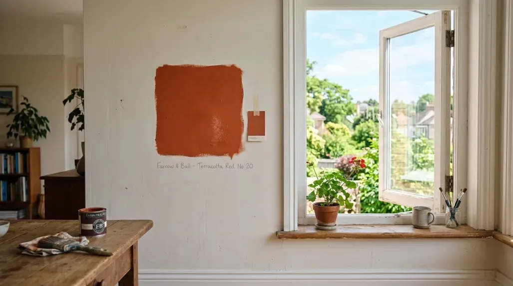 A paint sample patch next to a bright open window.