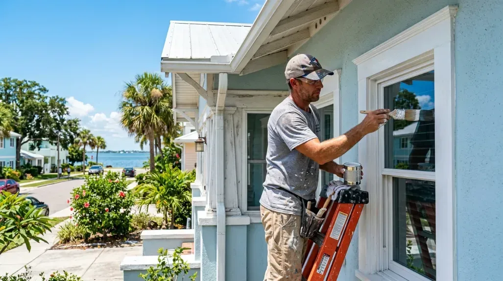 Dunedin painter cutting in exterior trim under bright Gulf Coast sun