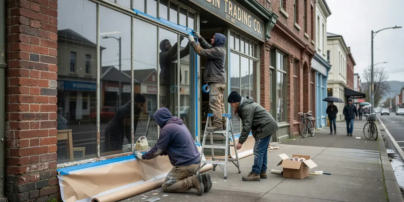 Dunedin storefront crew masking glass and sidewalk before exterior commercial paint

