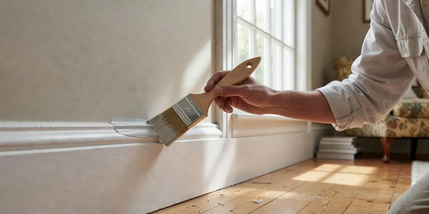 close-up of a painter brushing soft gray eggshell enamel along a Dunedin living-room baseboard beside bright window light
