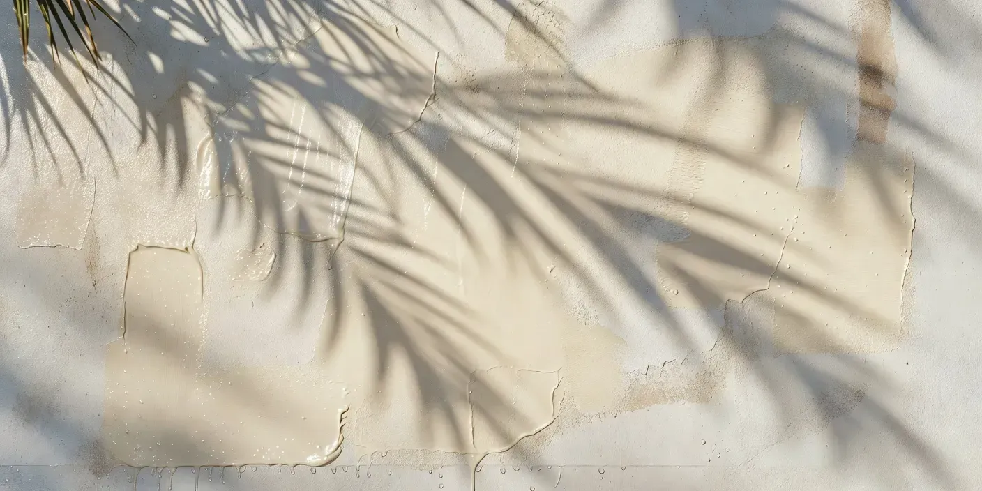 cream satin paint drying on a Dunedin stucco wall while palm shadows shift across the surface after morning rain
