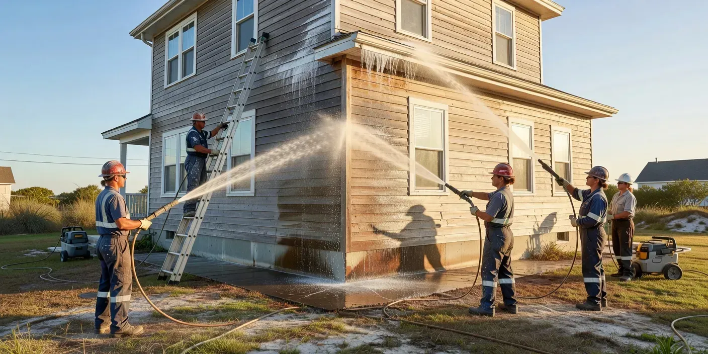 crew washing salt residue from a two-story Dunedin Florida home facade before priming under bright morning light