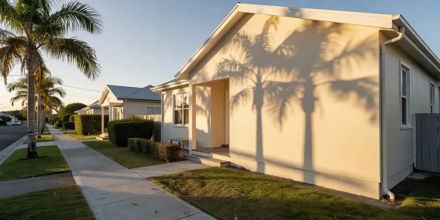 freshly painted cream stucco home on a quiet Dunedin street with palm shadows across the porch