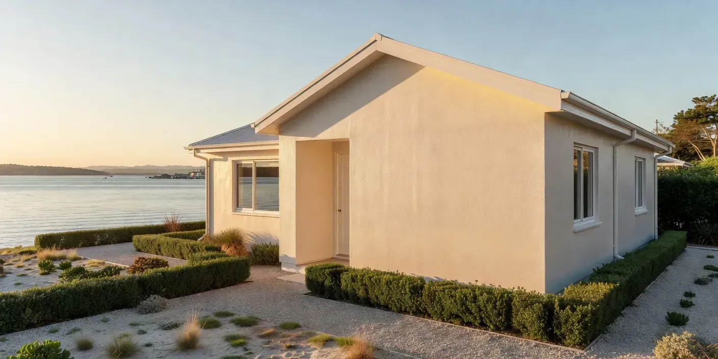 freshly painted light-colored stucco home near Dunedin waterfront under clear afternoon sky