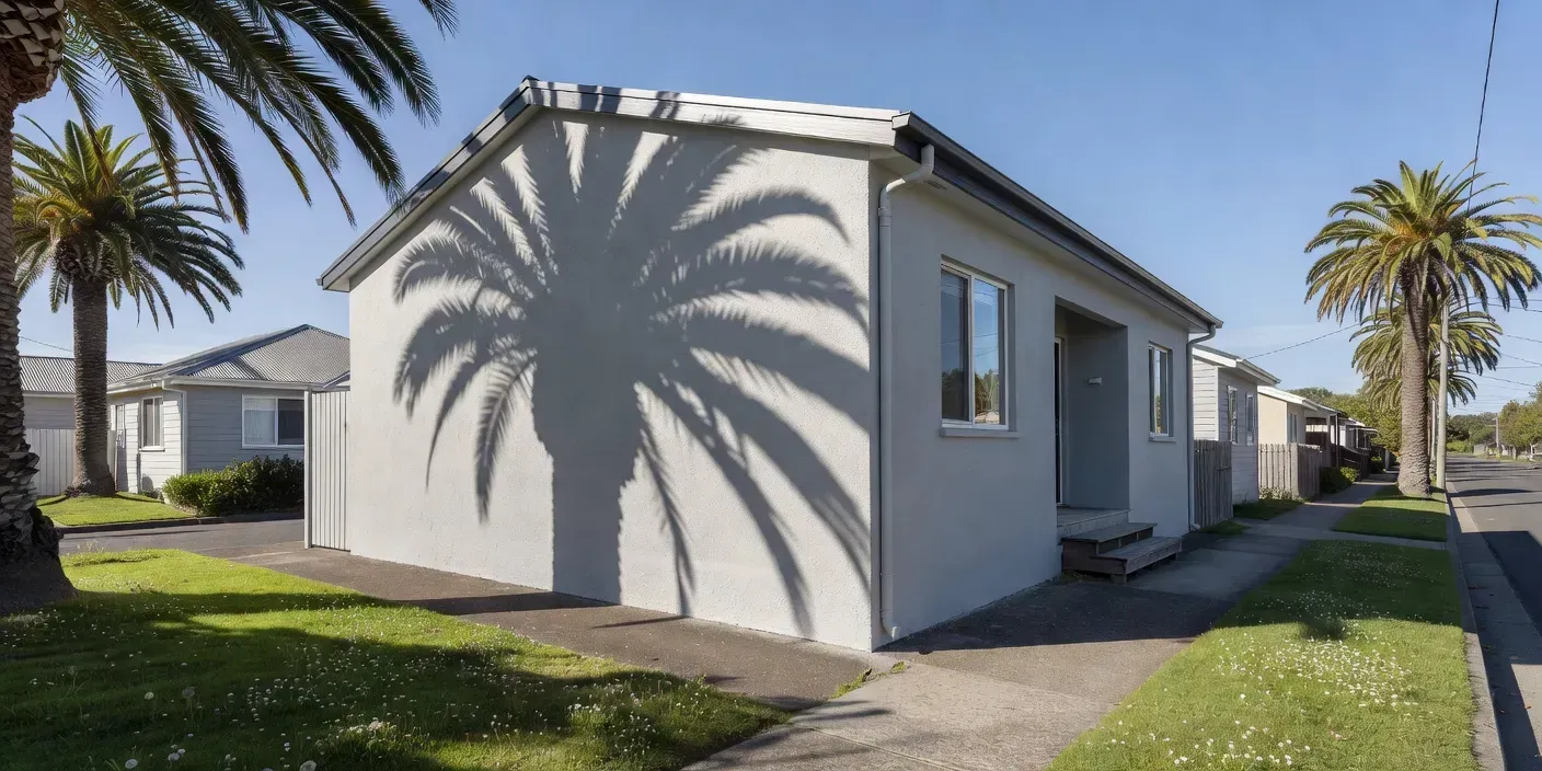 freshly painted light-gray stucco home on a sunny Dunedin residential street with palm shadows on the facade
