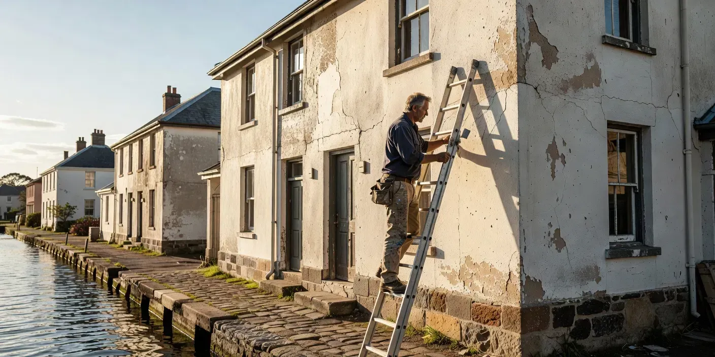 painter on a ladder inspecting faded south-facing stucco on a Dunedin canal-side home under bright afternoon sun
