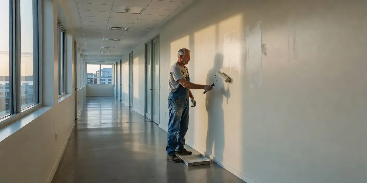 painter rolling even coat on Dunedin office corridor wall after hours
