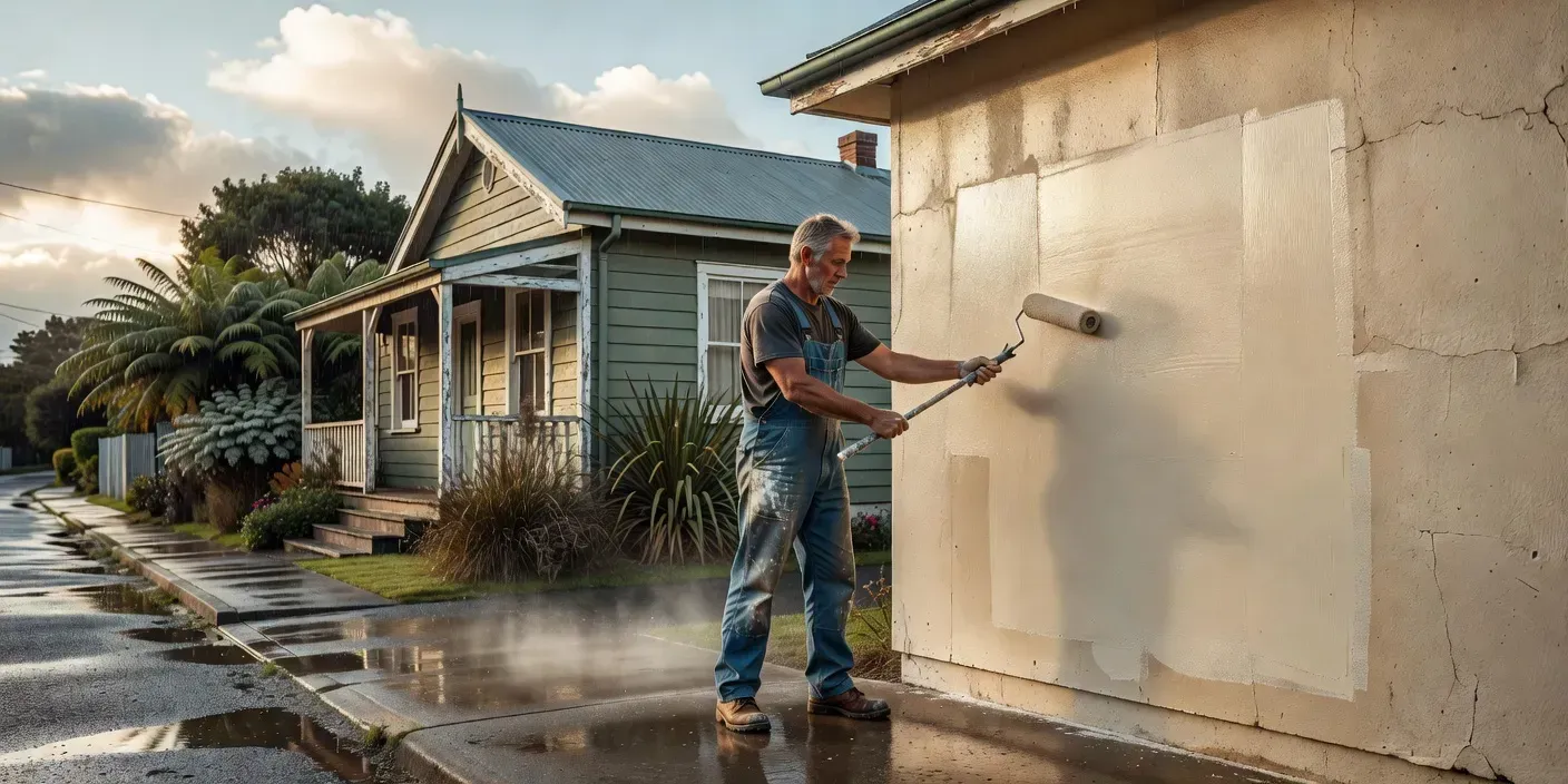 painter rolling satin acrylic paint on a sunlit Dunedin bungalow wall after a brief afternoon rain
