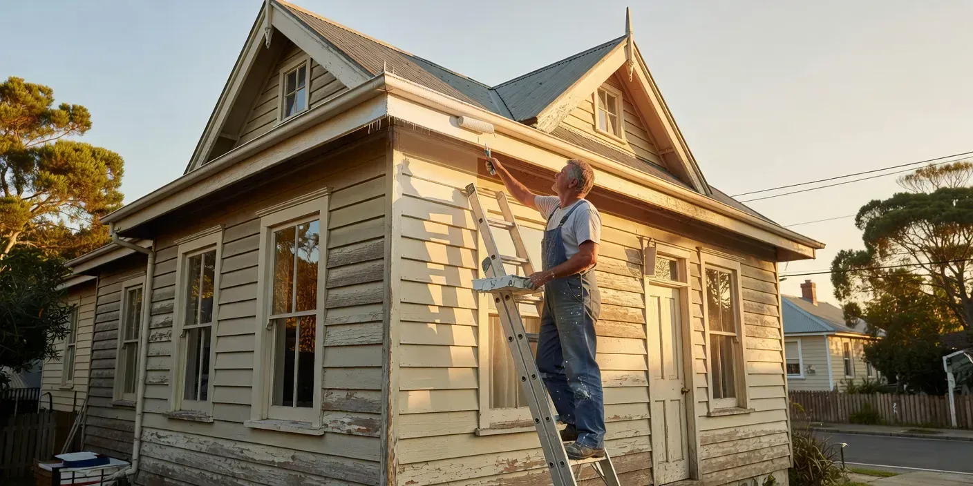 painter rolling soft-white acrylic on a Dunedin bungalow eave while afternoon light hits the ladder