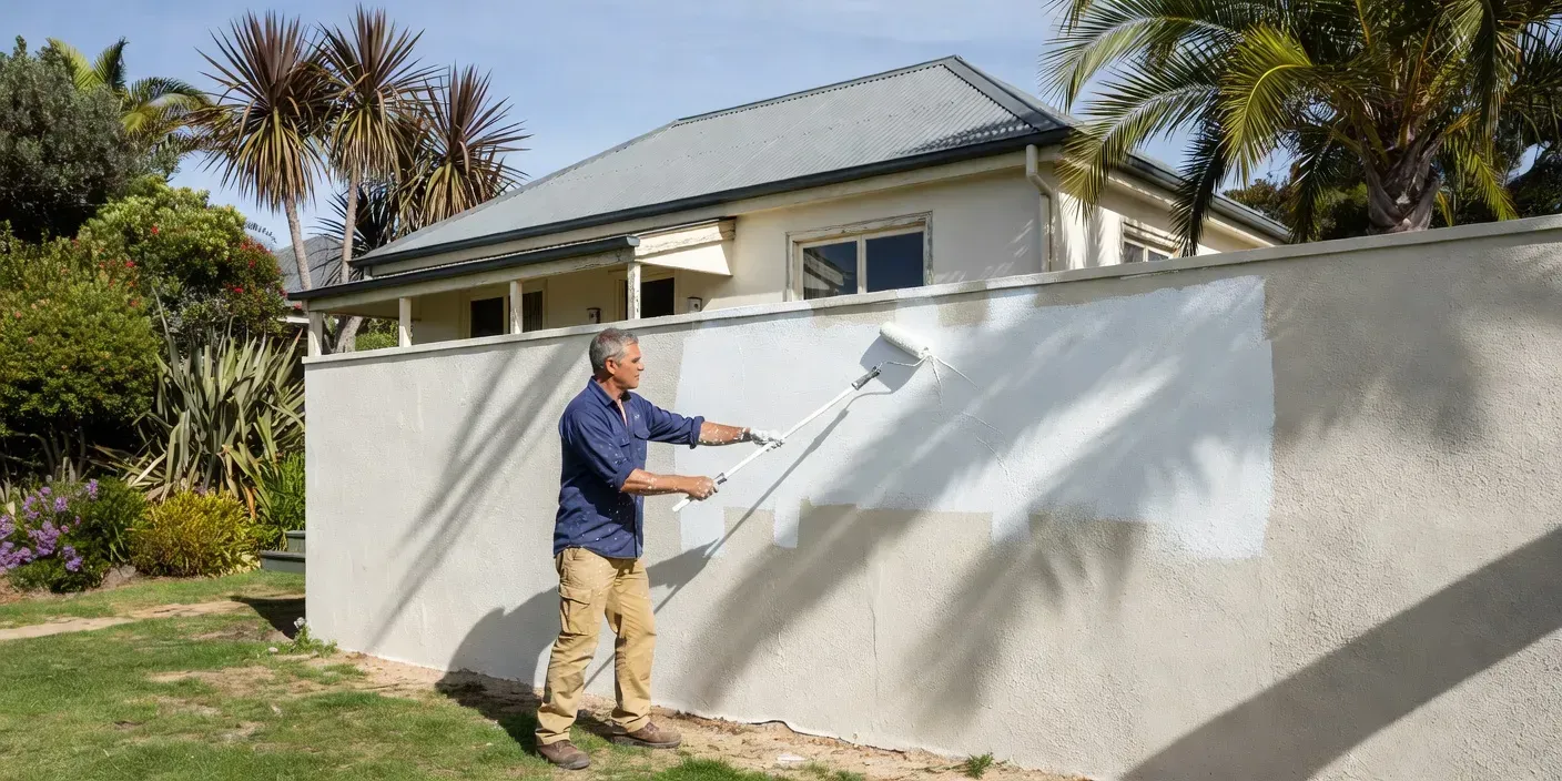painter rolling white elastomeric coating onto stucco wall of a Dunedin bungalow with palm shadows on the surface
