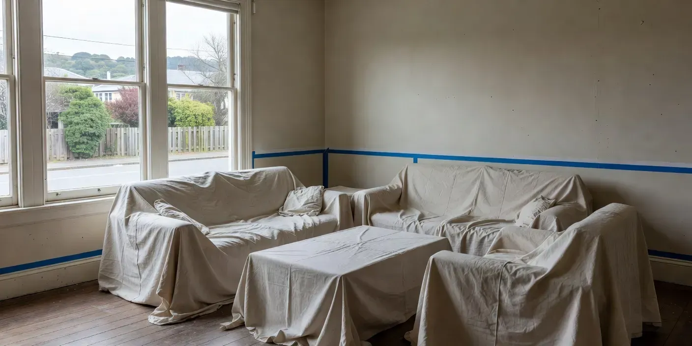 photographic alt showing a Dunedin living room with furniture clustered under drop cloths and taped baseboards before paint
