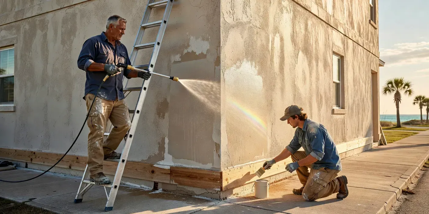 photographic alt of a Dunedin technician soft-washing stucco while a second crew member spot-primes scraped wood trim under afternoon Gulf Coast light