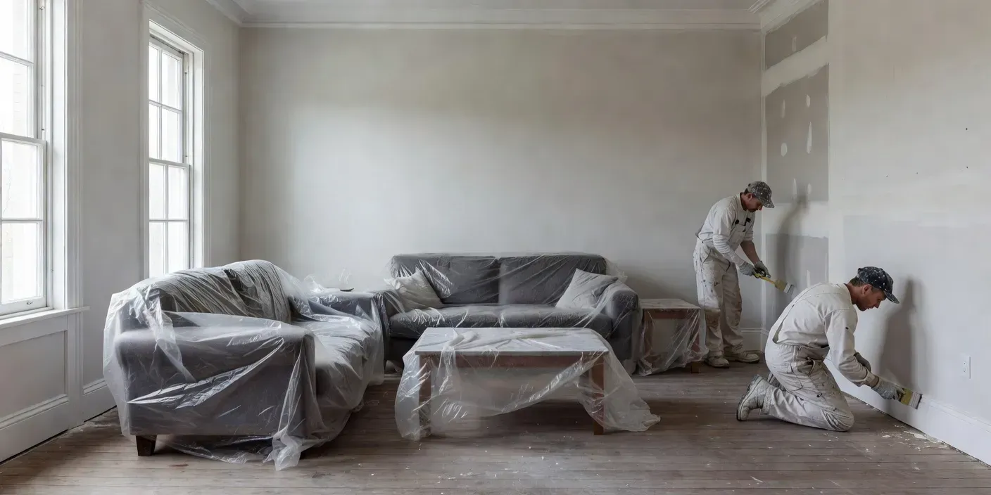 photographic alt showing a Dunedin living room with sofas and tables clustered under clear plastic in the center while painters cut in baseboards along open walls