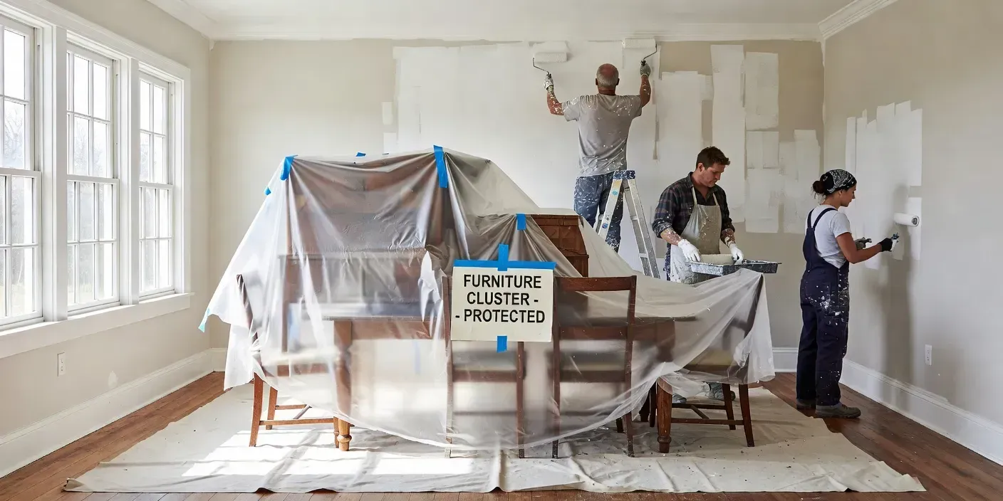 photographic alt showing painters in a Dunedin Florida dining room rolling walls while a labeled furniture cluster sits under plastic in the center
