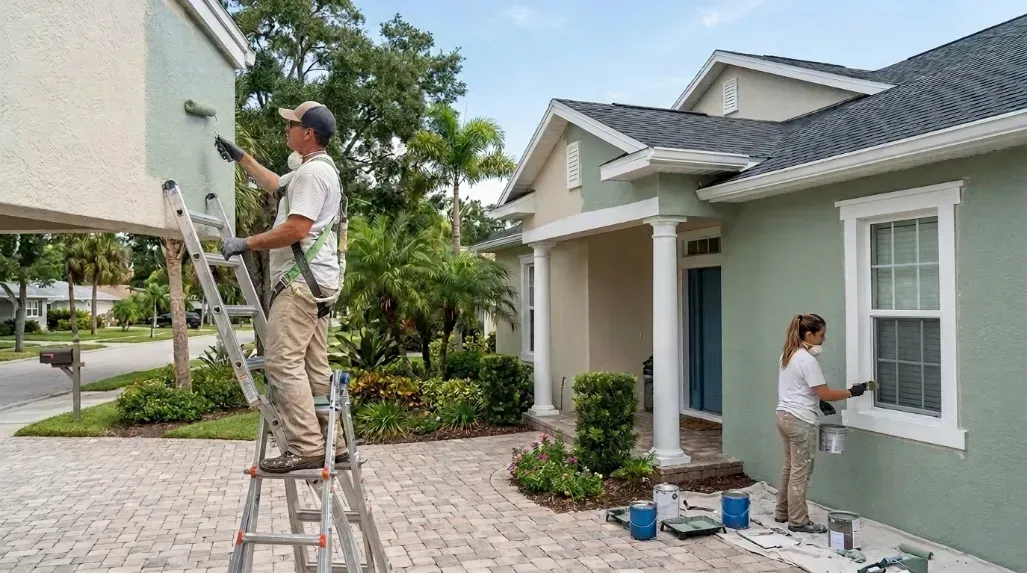 professional painters applying exterior coating on a Dunedin Florida home facade in natural daylight