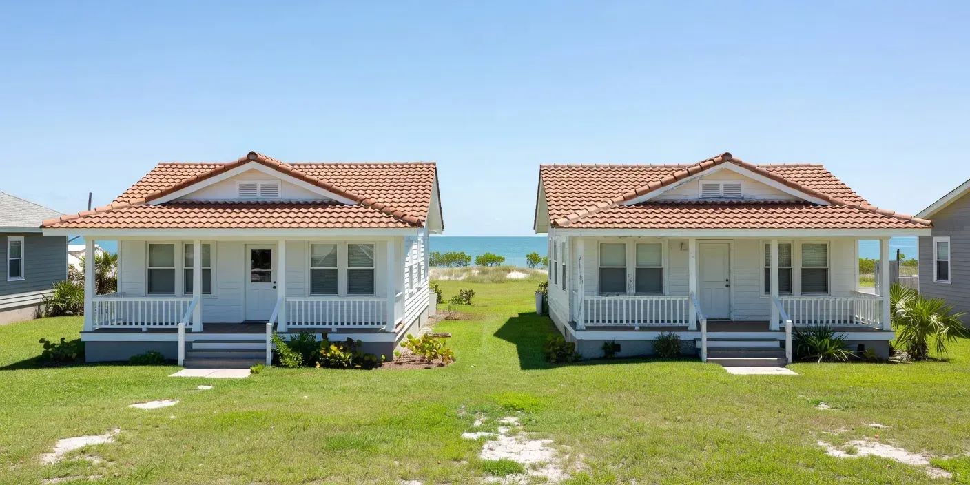 two neighboring Dunedin bungalows one block from the waterfront, one freshly coated and one showing sun-faded trim under clear Florida sky
