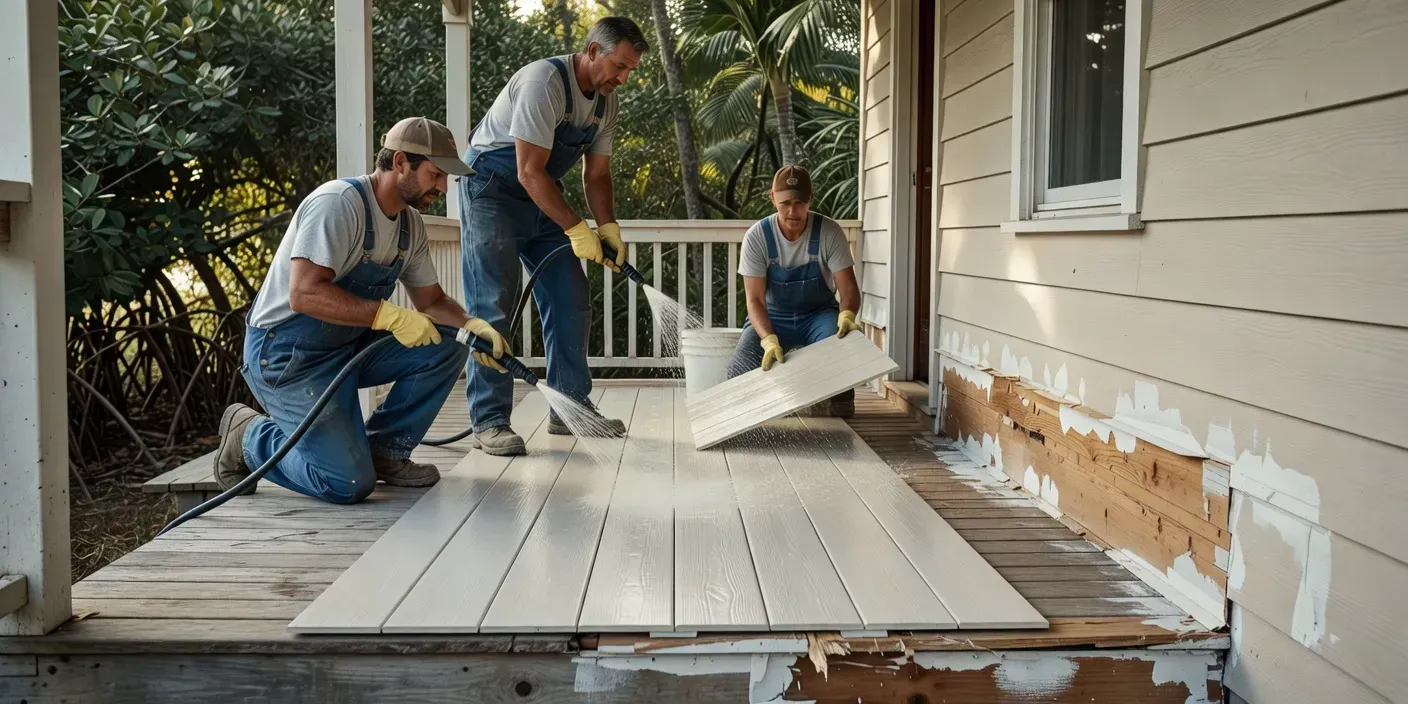 photographic alt of a Dunedin porch crew rinsing fiber-cement siding beside scraped wood trim with primer patches curing in filtered Gulf light