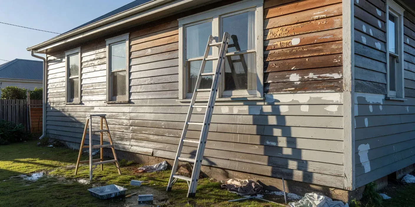 photographic alt showing a Dunedin bungalow exterior mid-prep with rinsed siding, scraped trim, and primer patches drying in morning light