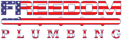 Freedom Plumbing logo with red and blue patriotic lettering and pipes on white background