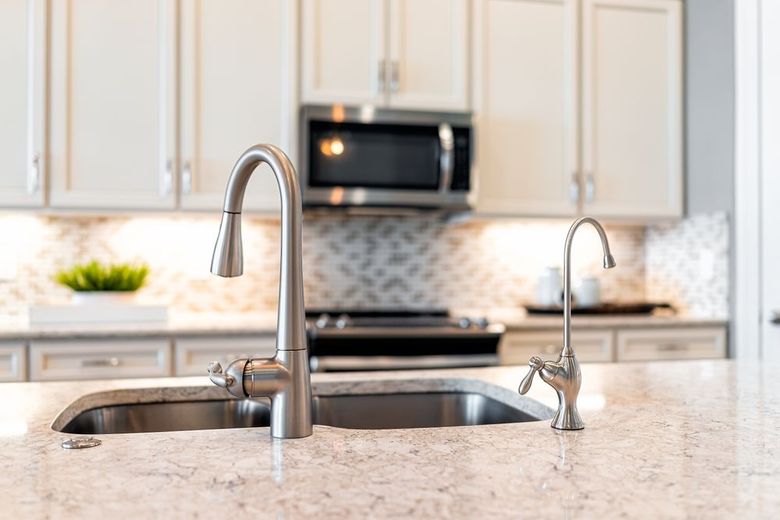 Modern kitchen with stainless steel sink and faucet on a marble countertop, white cabinets in the background