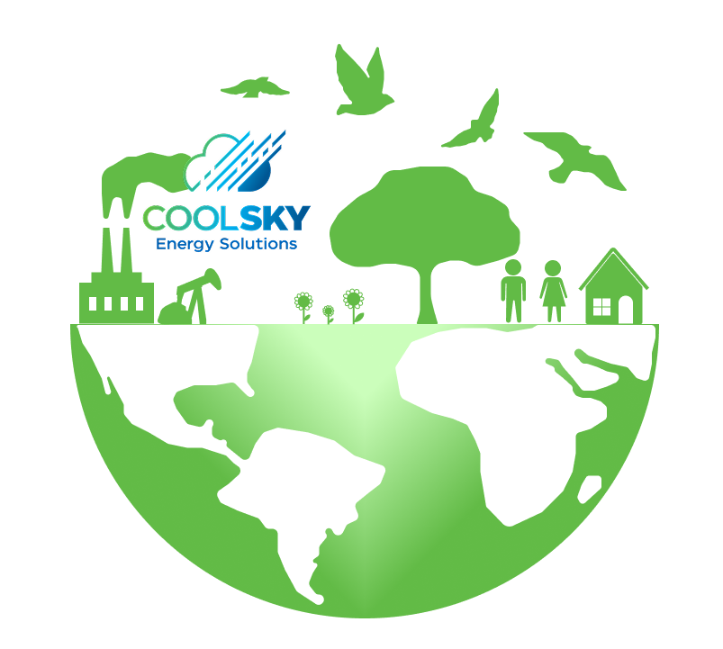 infographic of a green planet with people, tree, flowers coexisting next to a manufacturing facility. 