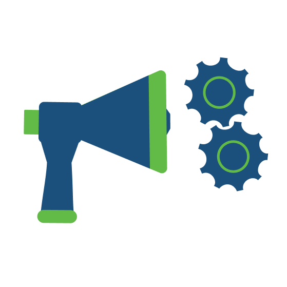icon of a bullhorn with gears turning which indicates project management