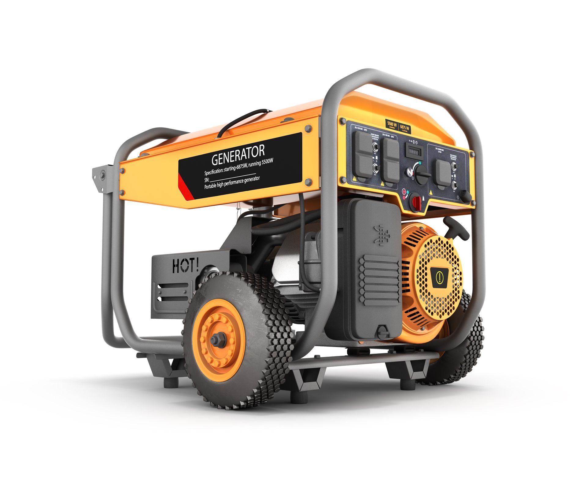 A yellow and black generator with wheels on a white background.