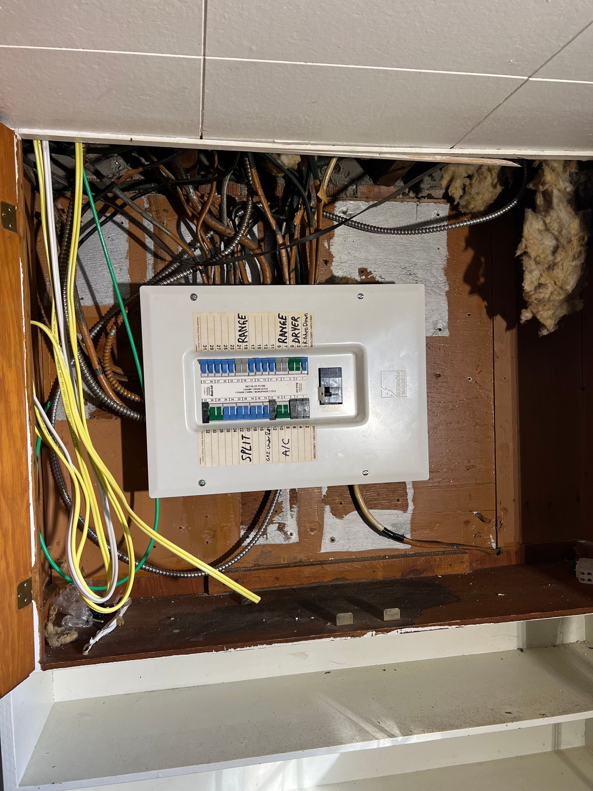 An electrical box is sitting in the corner of a room.