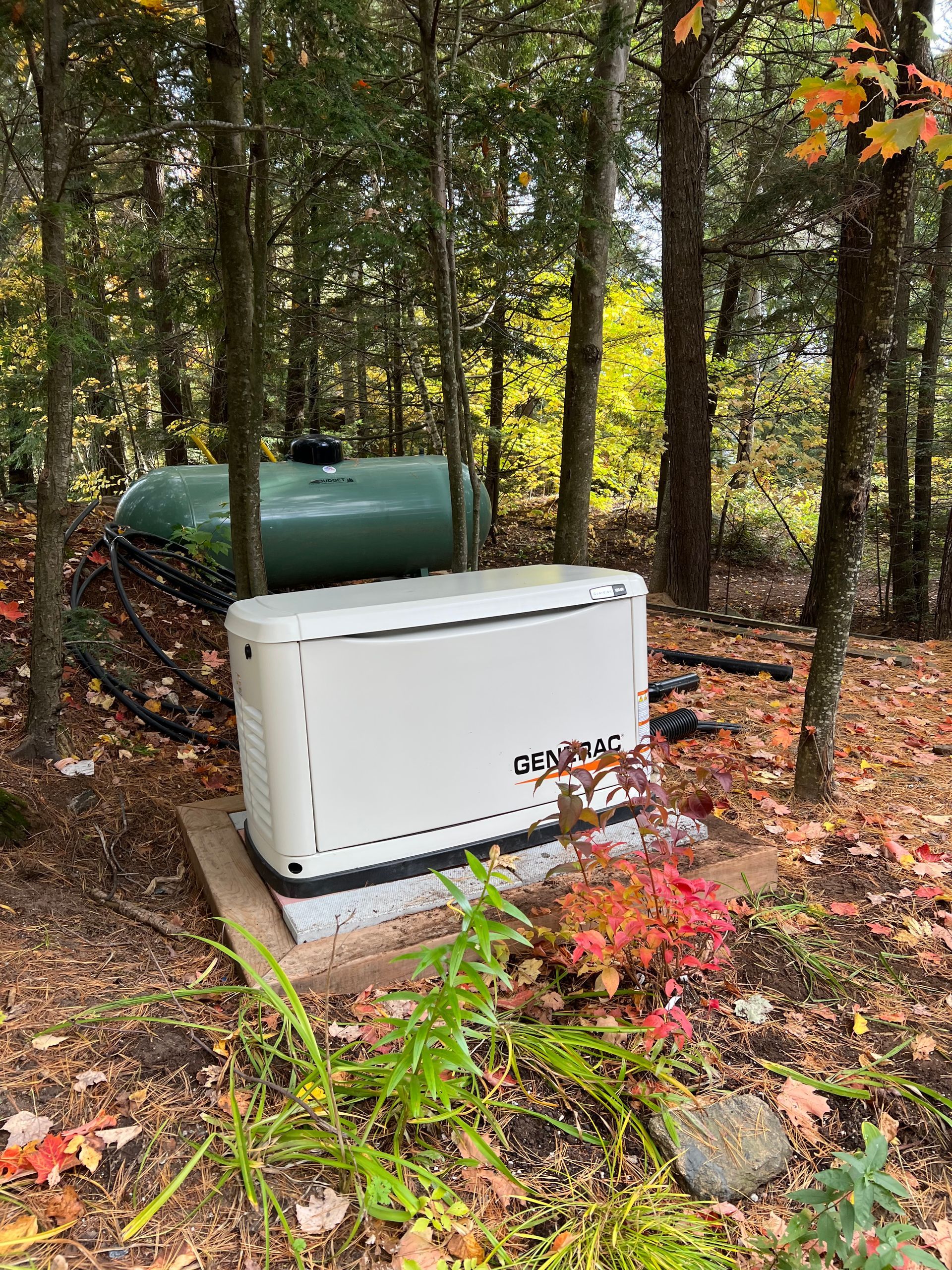 A generator is sitting in the middle of a forest next to a fuel tank.