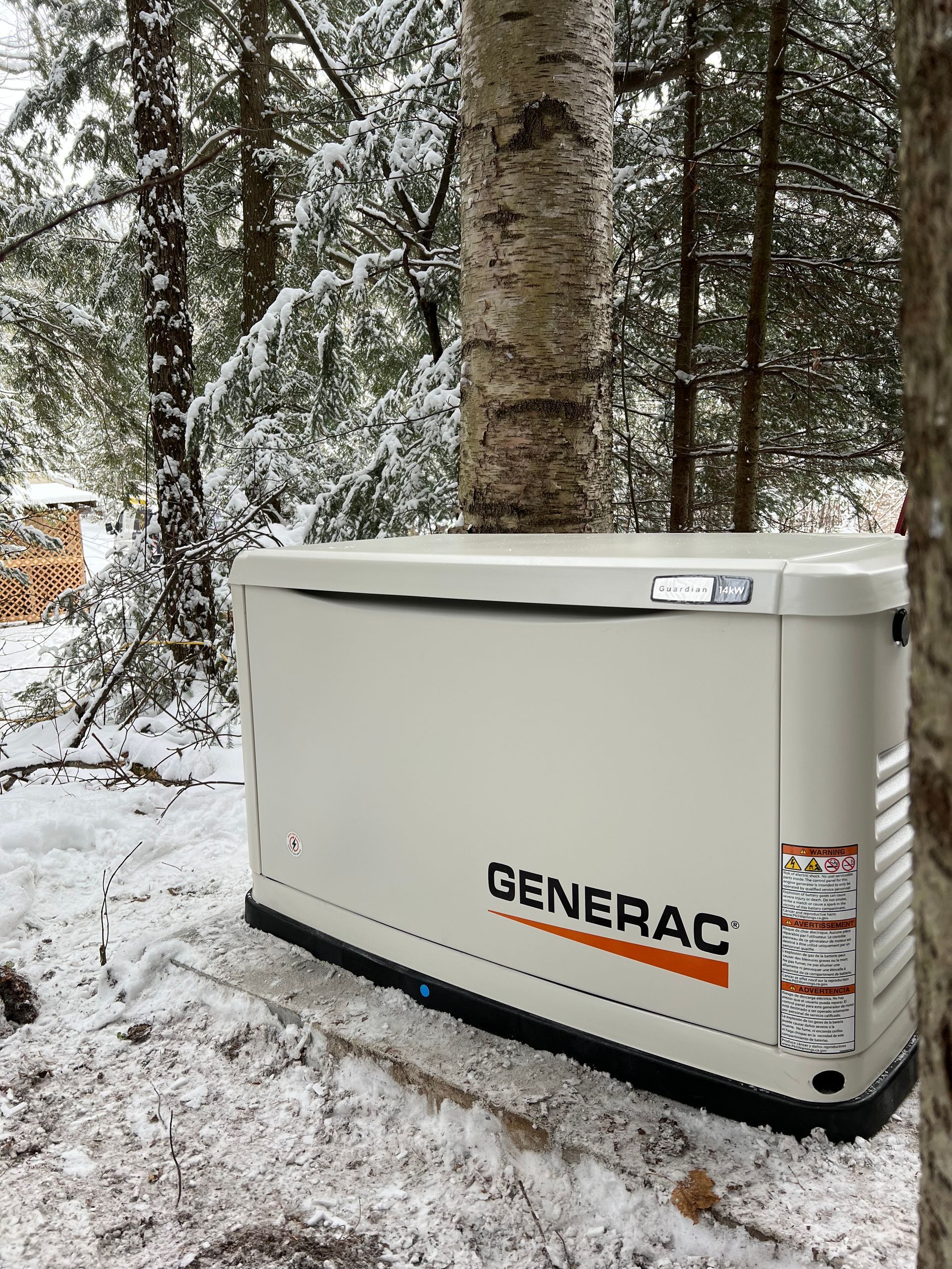 A generator is sitting in the snow next to a tree.