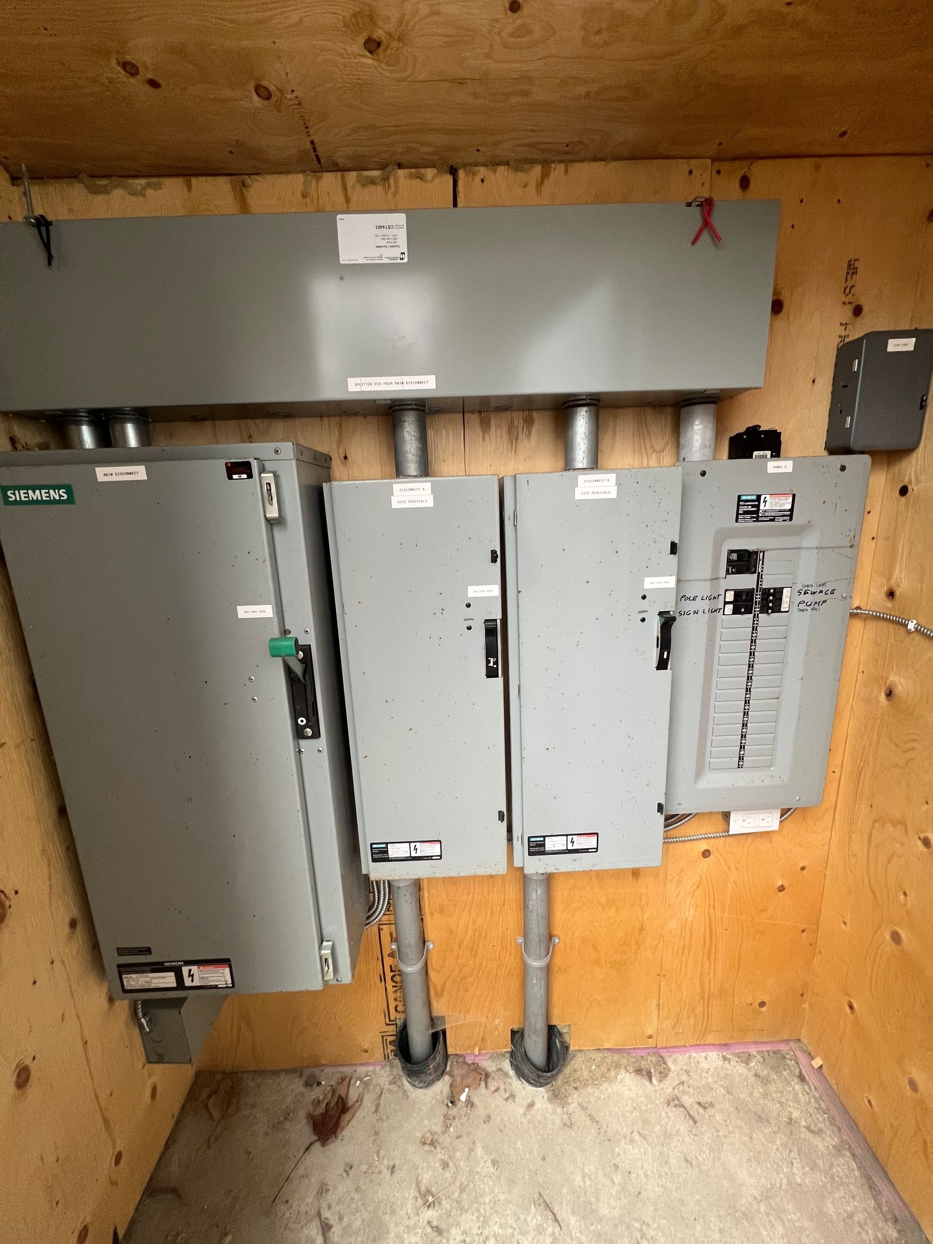 A room with a bunch of electrical boxes on the wall