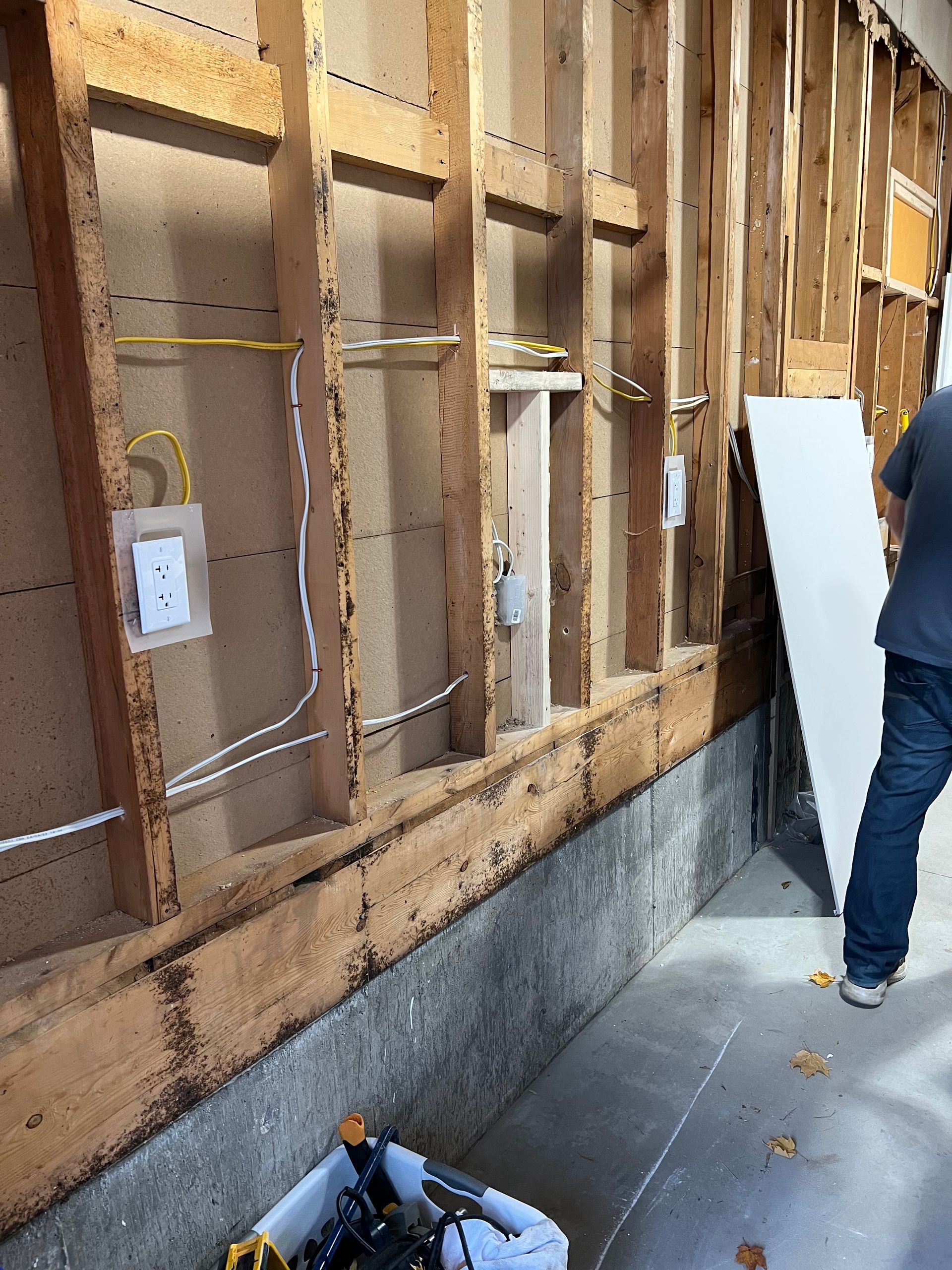 A man is standing in front of a wooden wall.