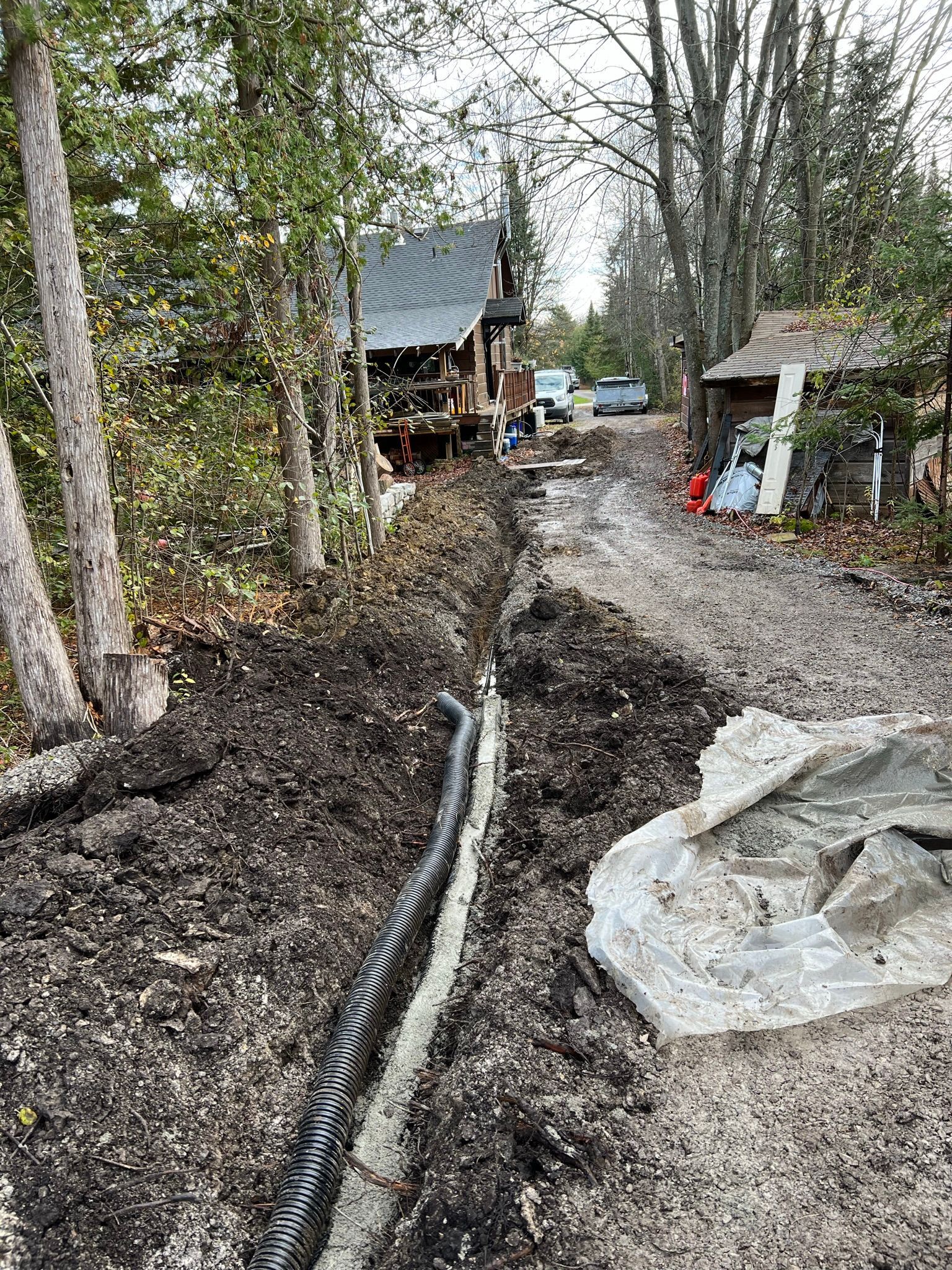 A house is being built in the woods next to a dirt road.
