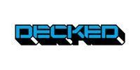 Blue-and-black stylized “DECKED” logo on a white background