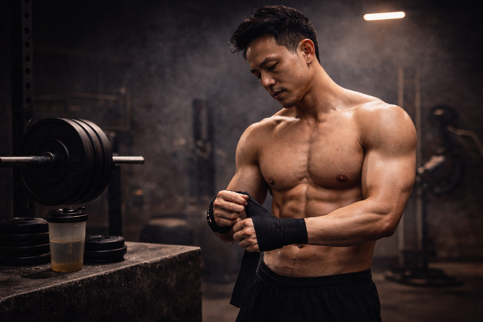 Man wrapping wrist in gym. Barbell, water bottle, and weights in background.