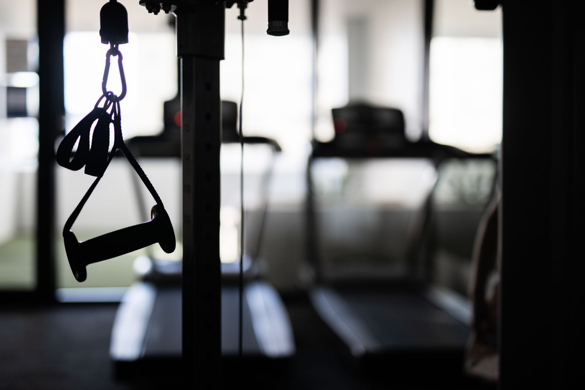 Gym cable machine handle with treadmills in the blurred background.