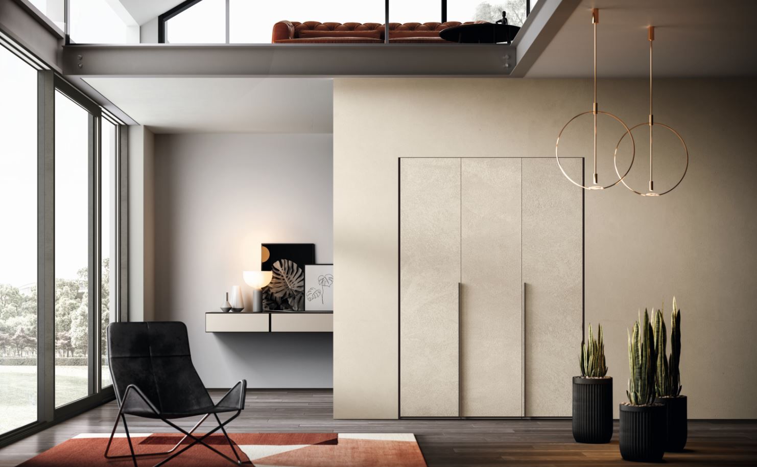 Un soggiorno minimalista con poltrona nera, una parete armadio su misura dai colori neutri, illuminazione decorativa e cactus in vaso.