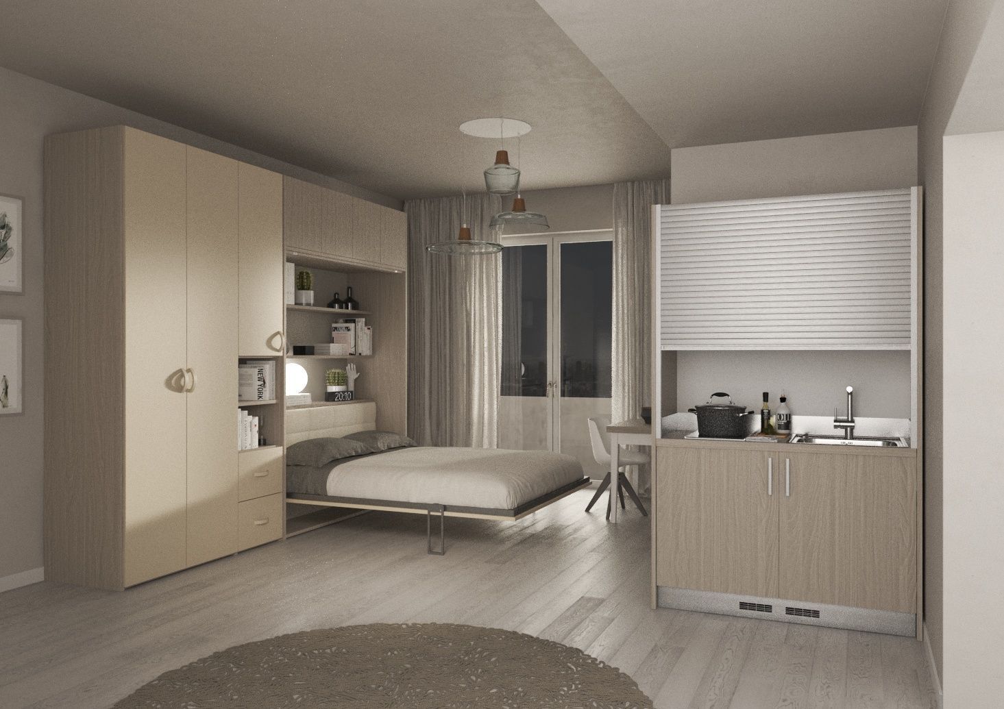 Interno di un moderno monolocale con letto a scomparsa dotato di scaffalature integrate e angolo cottura compatto con piano a ribalta Montella Domus Arredo