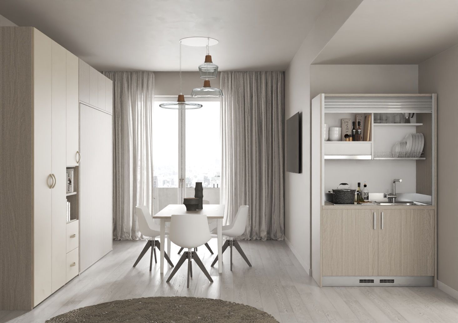 Una moderna cucina e sala da pranzo di piccole dimensioni, dai colori neutri. Dispone di cucina pieghevole, tavolo da pranzo e spazio di archiviazione integrato.