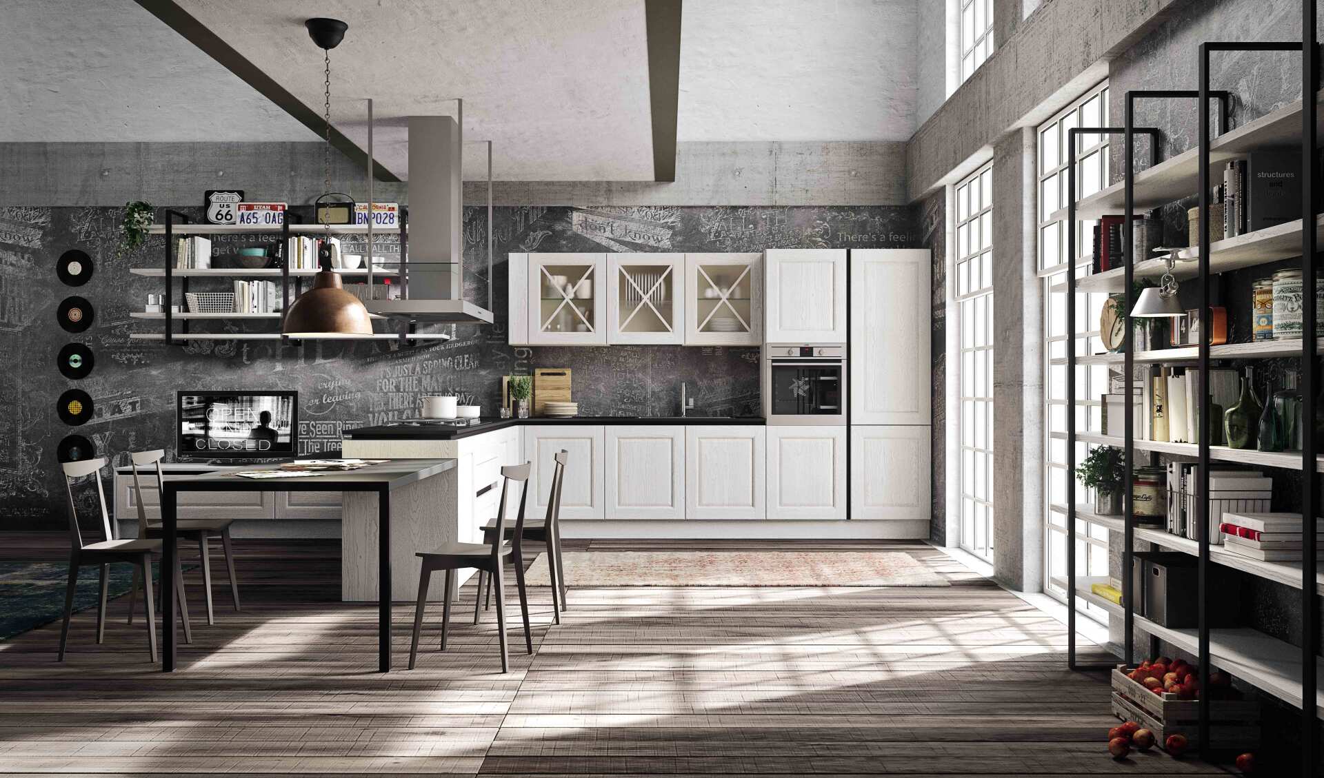 Cucina moderna Aran con mobili bianchi, piano di lavoro nero e design industriale.