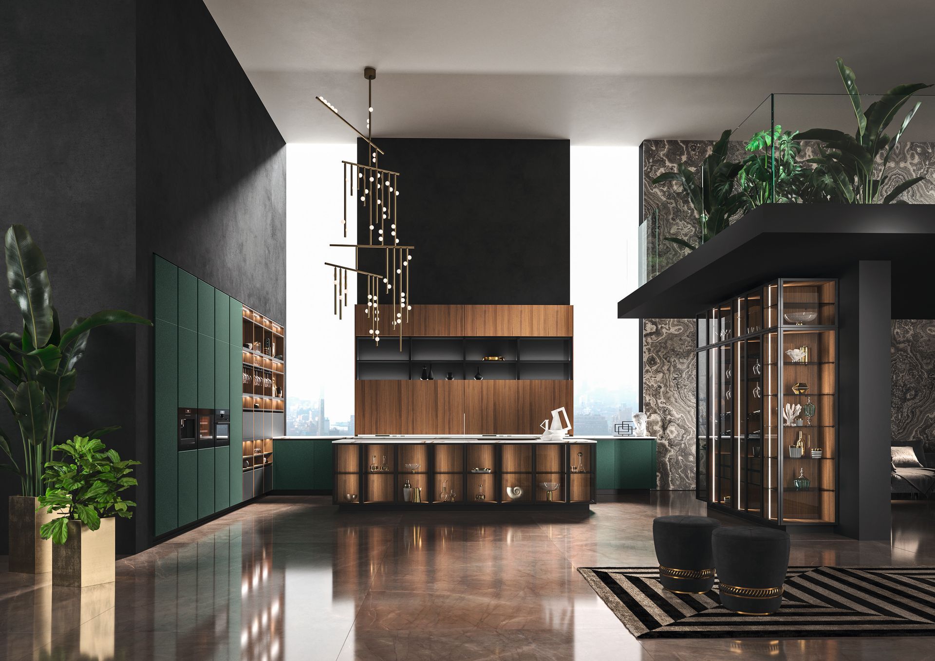 Cucina moderna Snaidero con mobili verdi, isola in legno, pareti scure e piante.