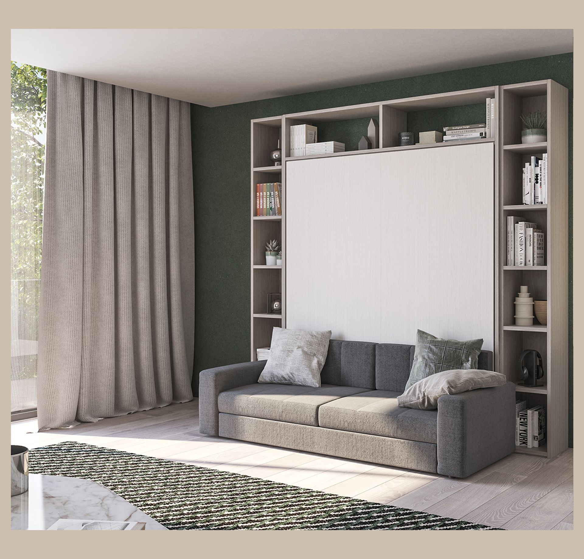 Soggiorno con divano letto e scaffalatura integrata, colori neutri.