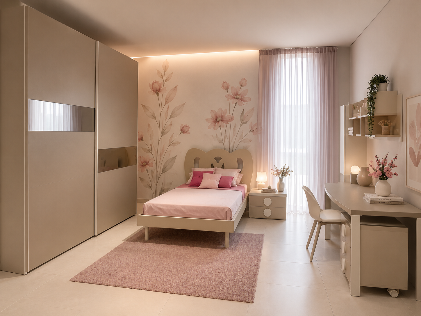 Camera da letto con letto, scrivania e tappeto a forma di gufo; decorazioni rosa e grigie.