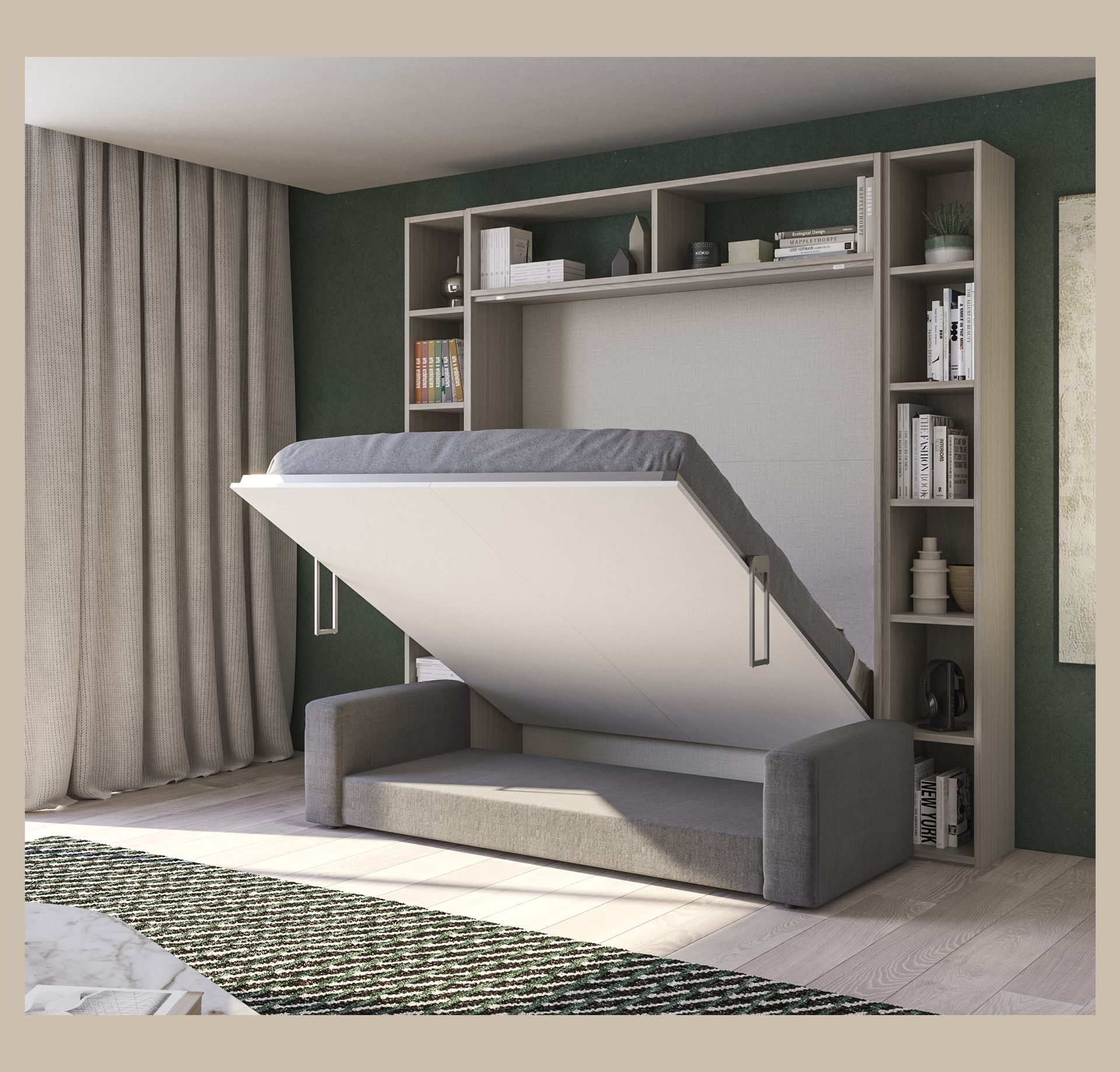 Un letto a scomparsa grigio si apre sopra un divano coordinato. Librerie su entrambi i lati.